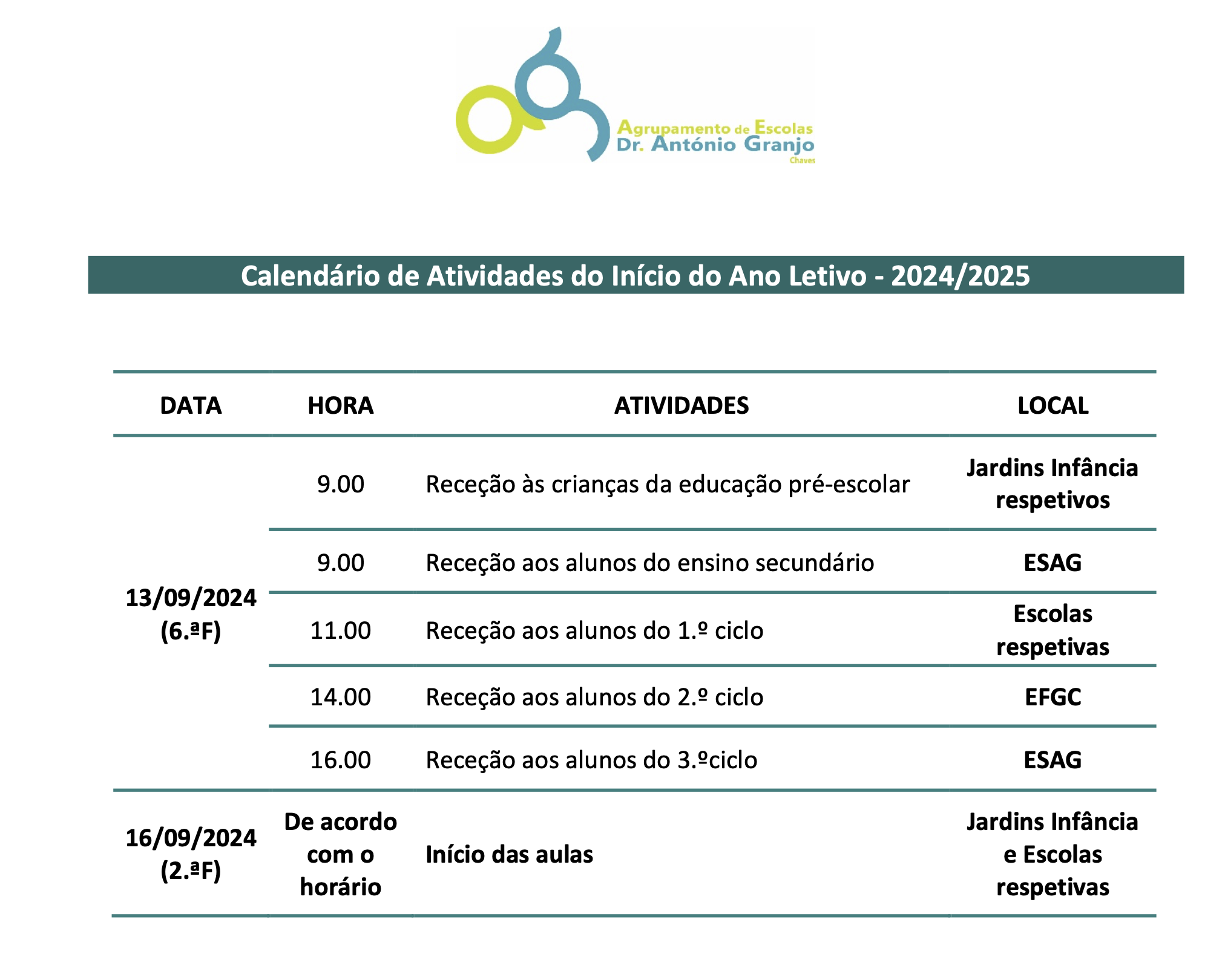 Calendário de Atividades do Início do Ano Letivo - 2024/2025